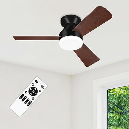 35" Black&Wood Ceiling Fans with Lights and Remote, Low Profile Ceiling Fan with Light, Reversible DC Motors, 3CCT Dimmable Timer Noiseless, Flush Mount Ceiling Fan for Bedroom/Living Room