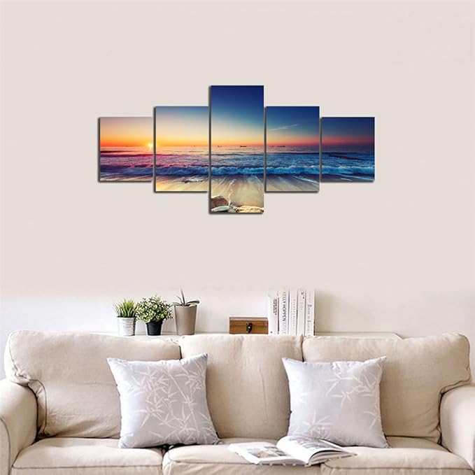 Beautiful 5 Piece Sunset Beach Waves Landscape Artwork Pictures Painting on Canvas Wall Art for Living Room Prints and Posters for Home Decorations Wall Decor Set Framed (50’’W x 24’’H)