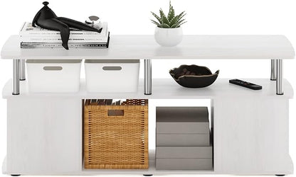 Furinno JAYA TV Stand, 3-Tier Entertainment Center with Open Shelf, TV Console for TV up to 50 Inch with Side Open Storage Compartments, for Living Room, Bedroom, White Oak/Stainless Steel Tubes