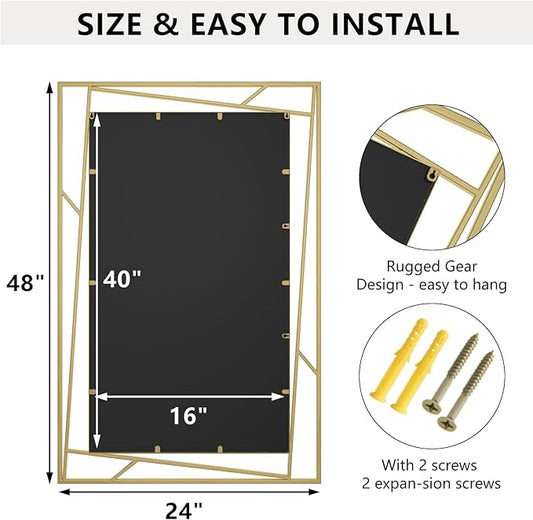 Brushed Gold Bathroom Mirror, 48''X24'' Rectangular Wall Mirrors with Geometric Metal Frame for Bathroom Bedroom Living Room, Hang Horizontally or Vertically