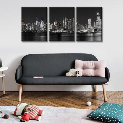 TUMOVO 3 Pieces Manhattan USA Skyline Canvas Paintings Office Decor Hudson River New York City NY USA Wall Decor City Skyline Wall Decor for Bedroom, Living Room.Ready to Hang (36" Wx16 H)