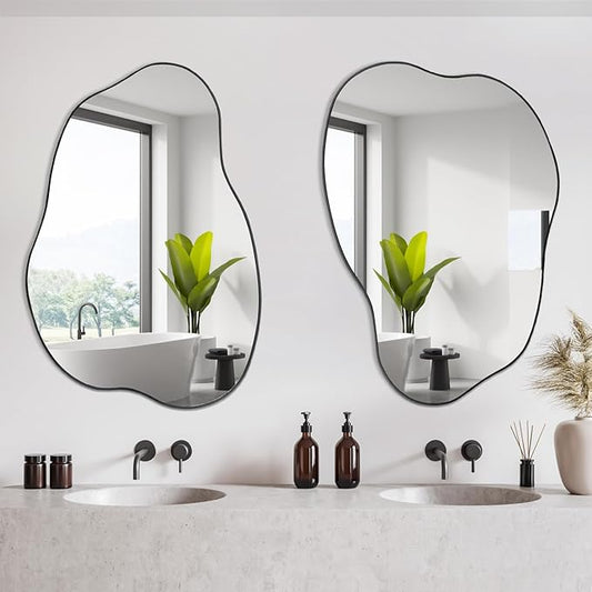 POZINO Asymmetrical Mirror, Black Irregular Mirrors, Cloud Shaped Mirrors, Unique Modern Frameless Mirror for Living Room Bathroom Bedroom Entryway Fireplace,30"x20.5"