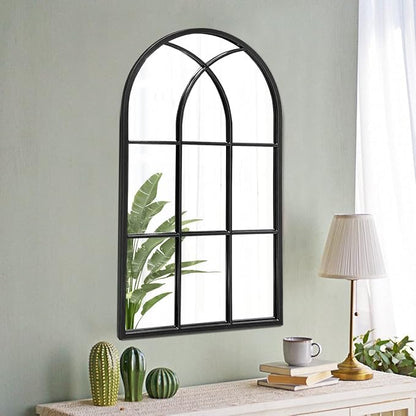 42"x 24" Arched Mirror, Window Wall Mirror, Windowpane Vanity Mirror, Metal Framed, Arched-Top Farmhouse Mirror, Rustic Decorative Mirrors - Black