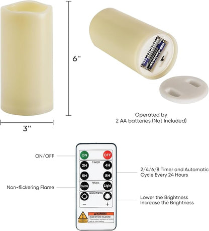 Homemory 3" x 6" Waterproof Flameless Candles, Outdoor Indoor Battery Operated LED Pillar Candles with Remote Control and Timer, Plastic, Long Lasting, Set of 6