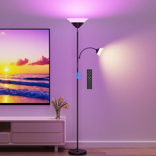 SIBRILLE RGB Torchiere Floor Lamp, 2-in-1 Dimmable Standing Lamp with Remote & Button Control, 34W 360° Rotatable LED Reading Lamp, 72" Modern Tall Corner Lamp for Bedroom, Living Room, Office, Black