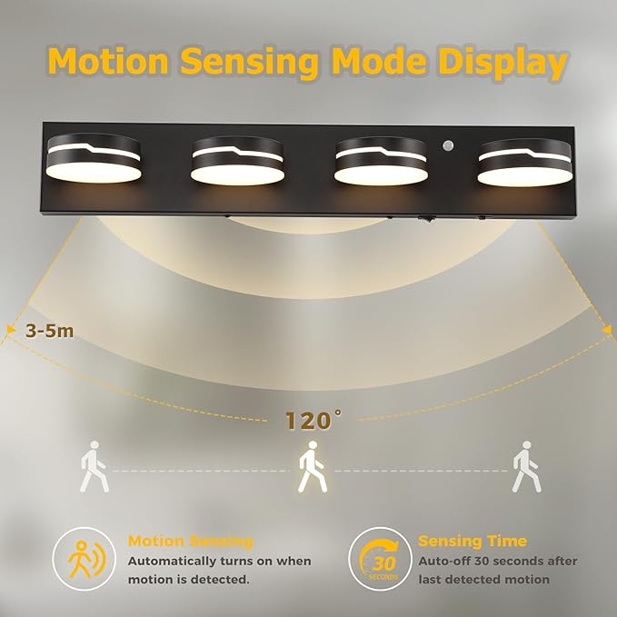26In Motion Sensor Vanity Light, Matte Black 3CCT 4-Light Modern LED Bathroom Lighting Fixtures Over Mirror, Dimmable Rotatable Head Wall Sconce, 3000K-6000K Color Selectable