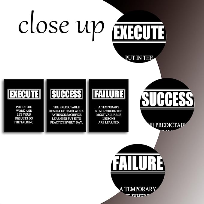 Motivational Poster Success Quote Inspirational Canvas Painting Wall Art Execute Failure Definition 3 Pieces Black Positive Framed Artwork Prints Picture for Living Room Office [36''W X 16''H]