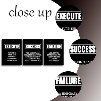Motivational Poster Success Quote Inspirational Canvas Painting Wall Art Execute Failure Definition 3 Pieces Black Positive Framed Artwork Prints Picture for Living Room Office [36''W X 16''H]
