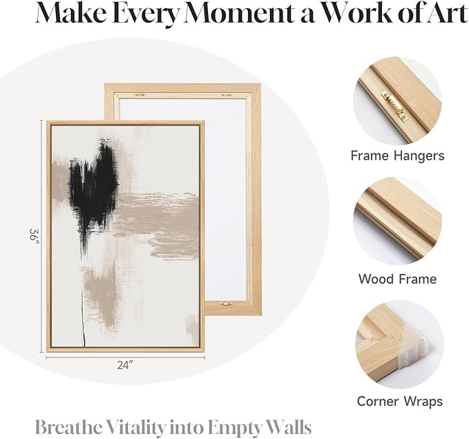 Large Framed Neutral Abstract Wall Art for Living Room, 3 Piece Modern Minimalist Canvas Prints Artwork for Walls, Extra Large Abstract Paintings for Dining Room Bedroom Hallway Wall Decor, 24x36 Inch
