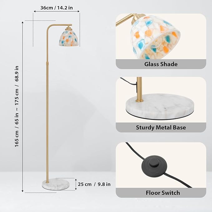Mid-Century Modern Floor Lamp with Tiffany Style Stained Glass Shade - Vintage Brass Tree Standing Light for Living Room, Bedroom, Reading Book - Farmhouse, Bohemian, Boho Chic Home Decor