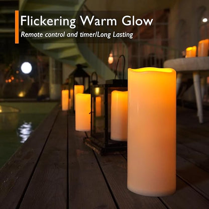 Homemory 12" x 5" Large Waterproof Outdoor Flameless Candles with Remote Control and Timer, Battery Operated Flickering LED Pillar Candles for Outdoor Larterns, Porch, Long Lasting, Set of 4