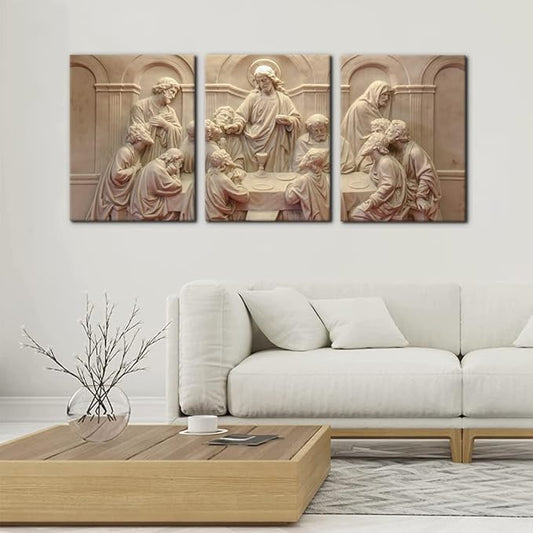 3 Pieces Canvas Wall Art Picture The Last Supper Sculpture Style Paintings on Canvas 12 Apostles Modern Artwork for Home Decor Framed Gallery-wrapped Stretched Ready to Hang - 12" x 16" x 3