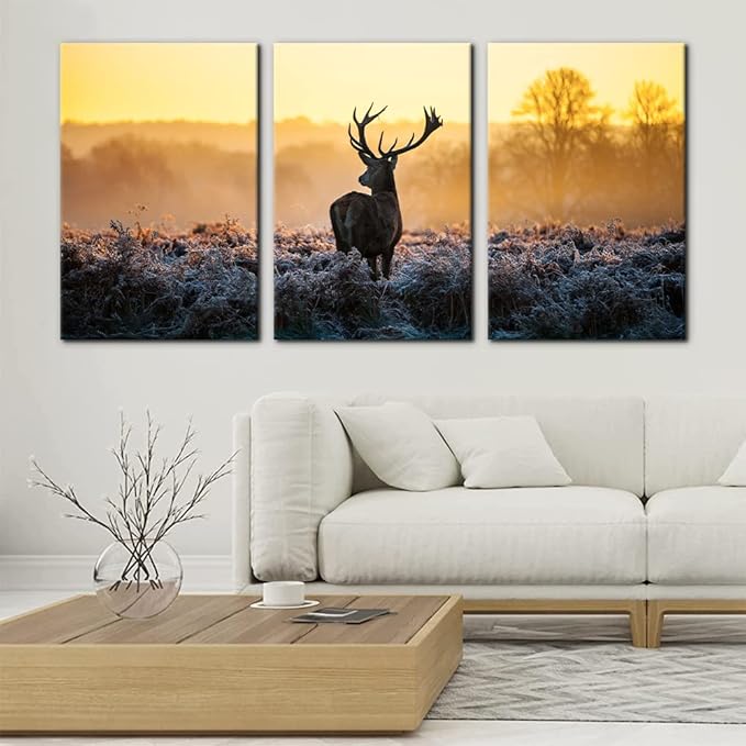 Pacimo Canvas Print Wall Art 3 Pieces Set Deer in Golden Light at Dawn Nature Wilderness Photography Realism Rustic Scenic Relax/Calm Multicolor for Living Room Bedroom Office Decor - 16"x24"x3 Panels