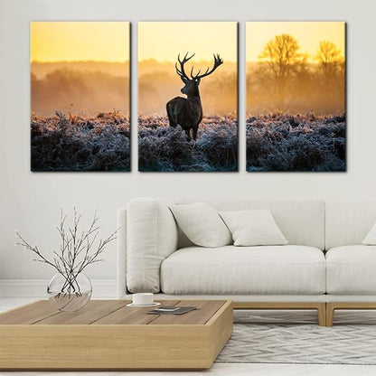 Pacimo Canvas Print Wall Art 3 Pieces Set Deer in Golden Light at Dawn Nature Wilderness Photography Realism Rustic Scenic Relax/Calm Multicolor for Living Room Bedroom Office Decor - 16"x24"x3 Panels