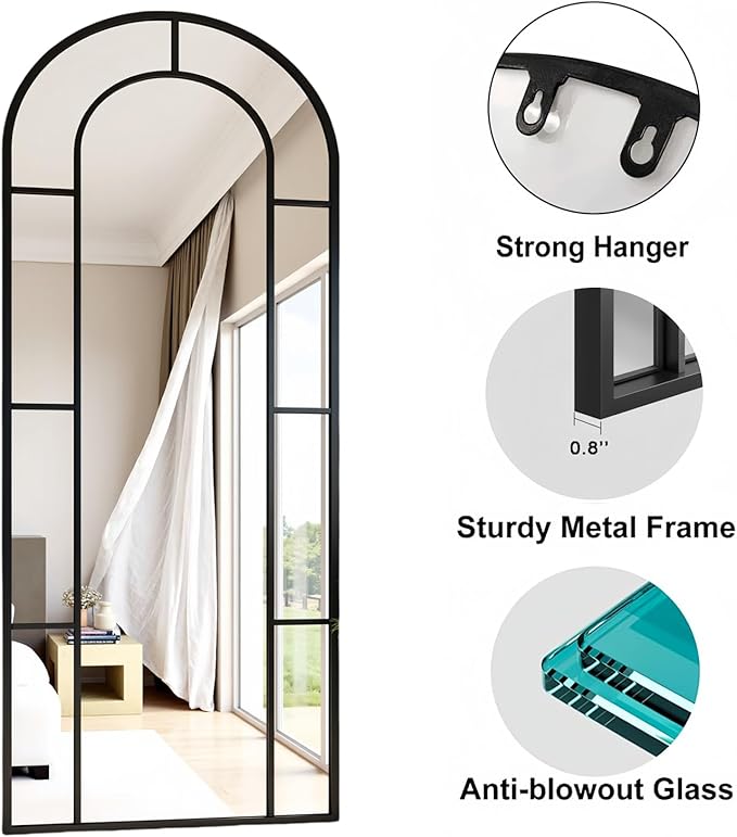 Prywot Full Length Mirror, 56"x22" Arched Window Pane Mirrors for Wall Decor, Black Full Body or Wall Mounted Mirrors, Farmhouse Standing Mirror Hanging or Leaning for Living Room, Entryway, No Stand