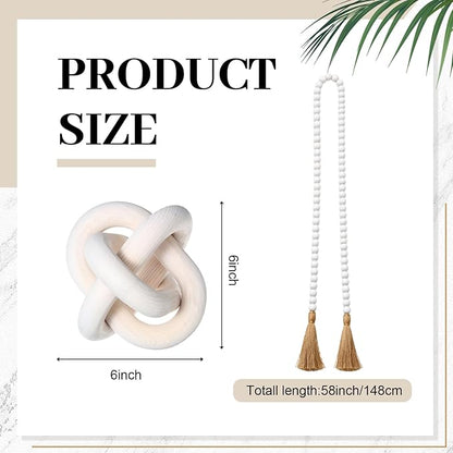 5 Pieces Country Style Ceramic Vase Set Table Centerpieces for Living Room 3 Pcs Bohemian Style Ceramic Vases with Wood Knot Chain Rings, Wooden Bead Garland Tassel Table Decor (White)