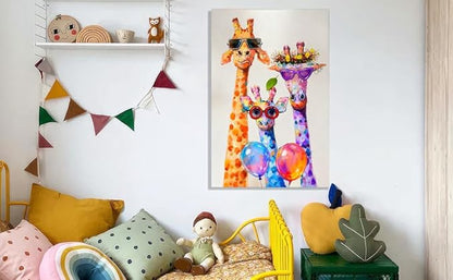 16x24 Graffiti Giraffe Family Canvas Wall Art, Colorful Framed Animal Prints with Sunglasses & Balloon, Funny Lovely Artwork for Kids, Teen Boys Girls, Nursery Bedroom & Living Room Home Decor