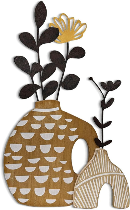 WOPARTY Rustic Metal and Wood Flowers Wall Art, Bohemian Vase with Flower Design, Black and Gold, 16.2x10 Inch, Farmhouse Wall Decor Home Bedroom Dining Room Housewarming