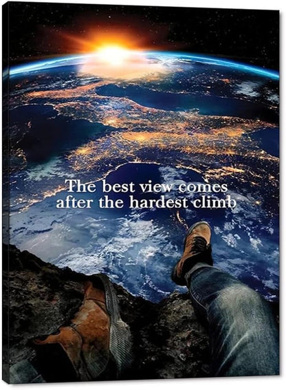 Creative Motivational Earth and Sunrise Wall Art Positive Quotes The Best View Comes After The Hardest Climb Artwork HD Print Modern Home Farmed Office Wall Decoration Painting Easy to Hang-18"Wx24"H