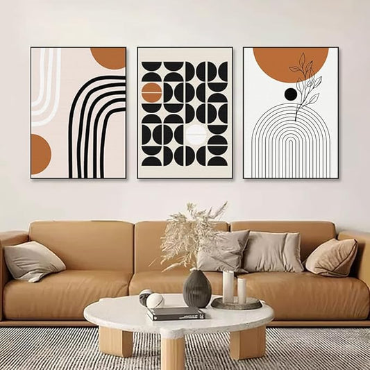 QKF Minimalist Canvas Wall Art Boho Black Brown Beige Line Geometric Abstract Modern Home Decorative Painting Bedroom Living Room Pictures Office Poster 3 Piece Set 16“X 24”