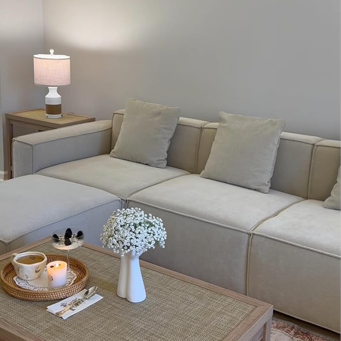 Acanva Luxury Modular Sectional Living Room Sofa Set, Modern Minimalist Style Couch with Ottoman and Chaise, L-Shape, Linen-Like Cream | Minimalist Style