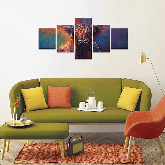Highland Cow Canvas Wall Art Cow Pictures Modern Abstract Oil Painting on Canvas 5 Panels for Home Decor Living Room, Framed 60L x 32W