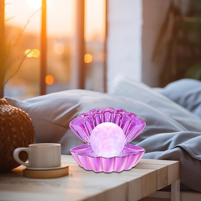 LKUA Shell Pearl Beach Themed Night Light, RGB 8 Colors Changing Mood Shell Pearl Lamps, Bedside LED Clamshell Portable Night Lights for Bar (Electroplating Purple)
