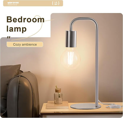 Industrial Table Lamp for Bedroom, Small Side Table Lamp for Nightstand with Wire Switch, E26 Socket Base, Modern Desk Lamp for Living Room, Reading, Office (Bulb Not Included), Silver