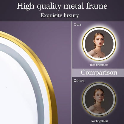 32 inches Round Gold Frame LED Bathroom Mirror, Wall Mount Home Mirror with 3 Color Dimmable Lights, Anti-Fog Smart Touch Sensor Mirror