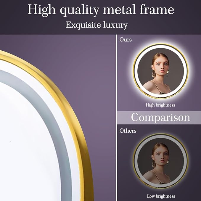 28 Inch Gold Round Vanity Mirror with Lights Gold Frame Circle Lighted Mirror for Bathroom Salon Wall 28" Golden Circle Round LED Light up Mirrors Smart Touch Memory 3 Color Dimmable AntiFog
