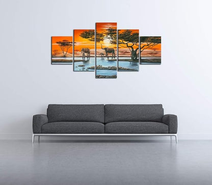 Wieco Art Elephant Family Large Modern 5 Piece Gallery Wrapped African Landscape Giclee Canvas Prints Artwork Animals Paintings Reproduction Pictures on Canvas Wall Art for Bedroom Home Decor L
