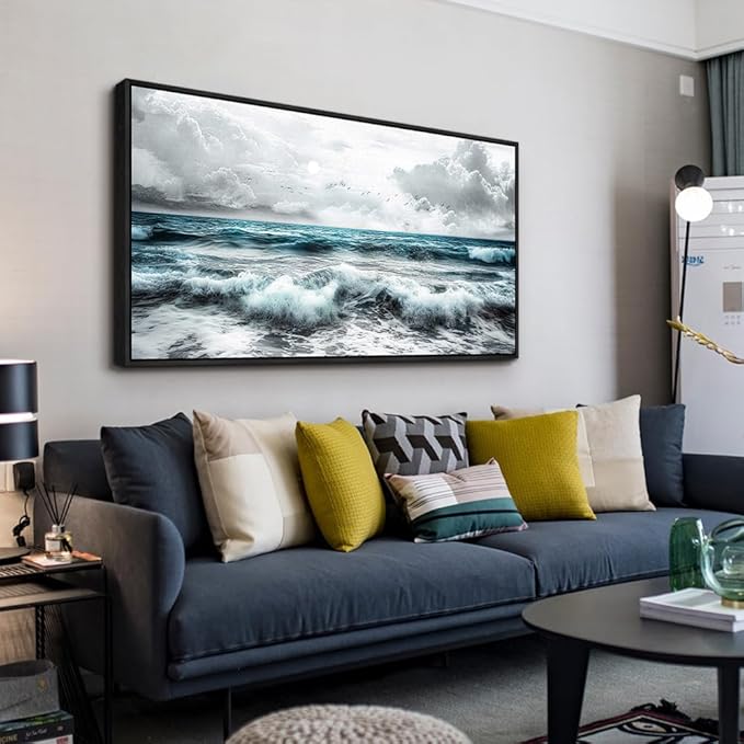 ERQINHUA Black And White Beach Wall Painting Large Canvas Wall Art For Living Room Wall Decor For Bedroom Office Wall Decor Blue Sea Wave Pictures Artwork Hotel Home Decor Black Framed 30x60 In