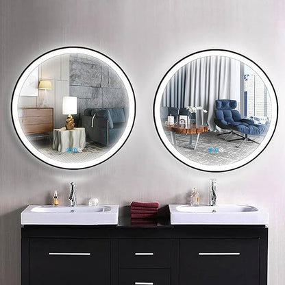24 Inch Black Frame Round LED Bathroom Mirror with Lights 3 Color Dimmable Smart Memory Front Light Black Round Lighted Vanity Mirror for Bathroom Wall Circle LED Light up Mirrors AntiFog