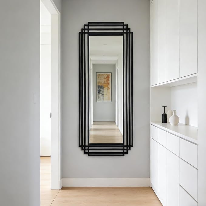Large Geometric Mirror, 63"x24" Rectangle Art Deco Mirror with Black Metal Frame, Modern Elegant Wall Mirrors for Living Room Bathroom Entryway Hallway, Hangs Vertically or Horizontally