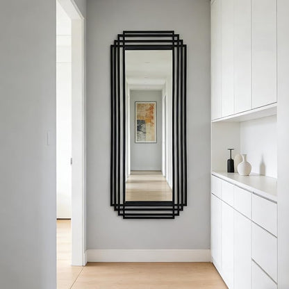 Large Geometric Mirror, 63"x24" Rectangle Art Deco Mirror with Black Metal Frame, Modern Elegant Wall Mirrors for Living Room Bathroom Entryway Hallway, Hangs Vertically or Horizontally