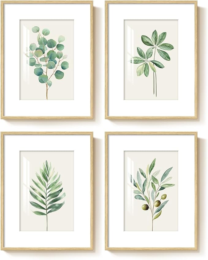 Framed Sage Green Botanical Wall Art for Bathroom, 4 piece Farmhouse Minimalist Plant Artwork for Walls, Boho Green White Leaf Picture Prints for Bedroom Kitchen Living Room Wall Decor 11x14