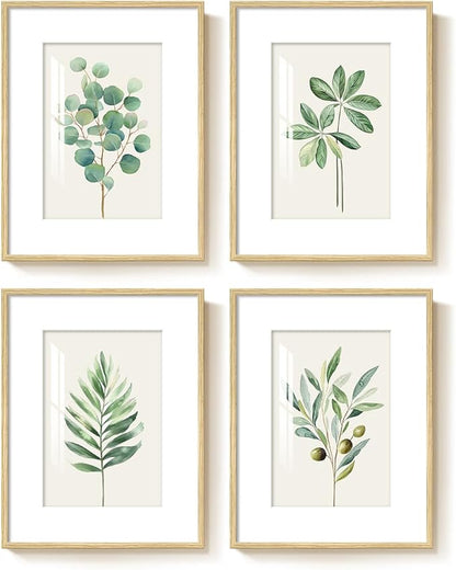 Framed Sage Green Botanical Wall Art for Bathroom, 4 piece Farmhouse Minimalist Plant Artwork for Walls, Boho Green White Leaf Picture Prints for Bedroom Kitchen Living Room Wall Decor 11x14