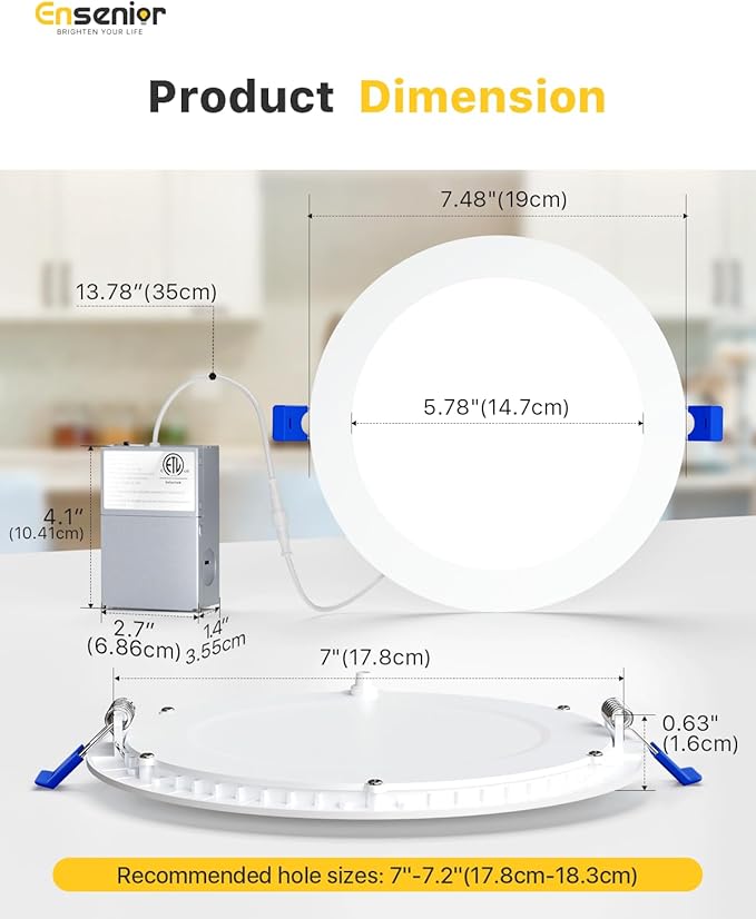 Ensenior 6 Pack 7 Inch LED Recessed Ceiling Light, Dimmable, 2700K-5000K 5CCT, 1600LM 15W 120V, High Brightness Canless Wafer Downlight