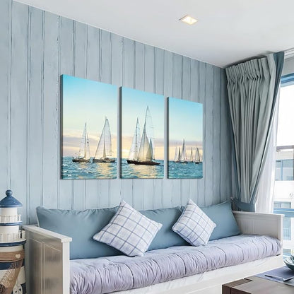 Hardy Gallery sailboat wall art coastal pictures: nautical wall decor sailing artwork blue ocean print in canvas painting for living room 20" x 34" x 3 panels