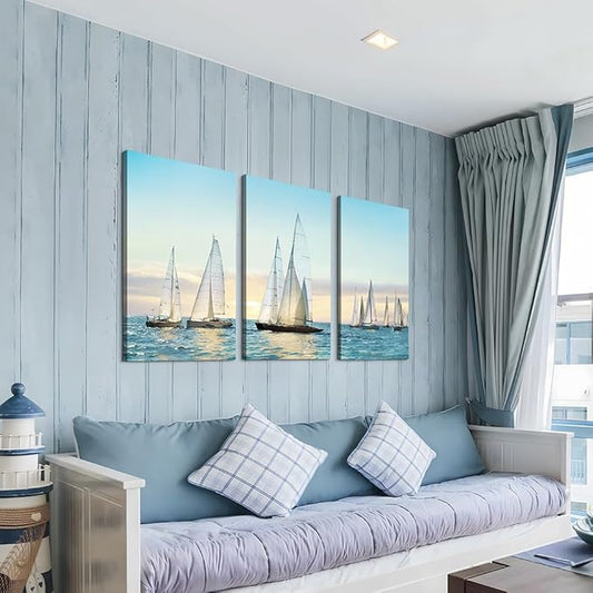 Hardy Gallery sailboat wall art coastal pictures: nautical wall decor sailing artwork blue ocean print in canvas painting for living room 20" x 34" x 3 panels