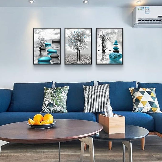 Black Framed Canvas Wall Art for Living Room Wall Decor for Bedroom Bathroom Black and White Paintings Modern 3 Piece Framed Canvas Art Prints Ready to Hang Abstract Blue Pictures Home Decorations
