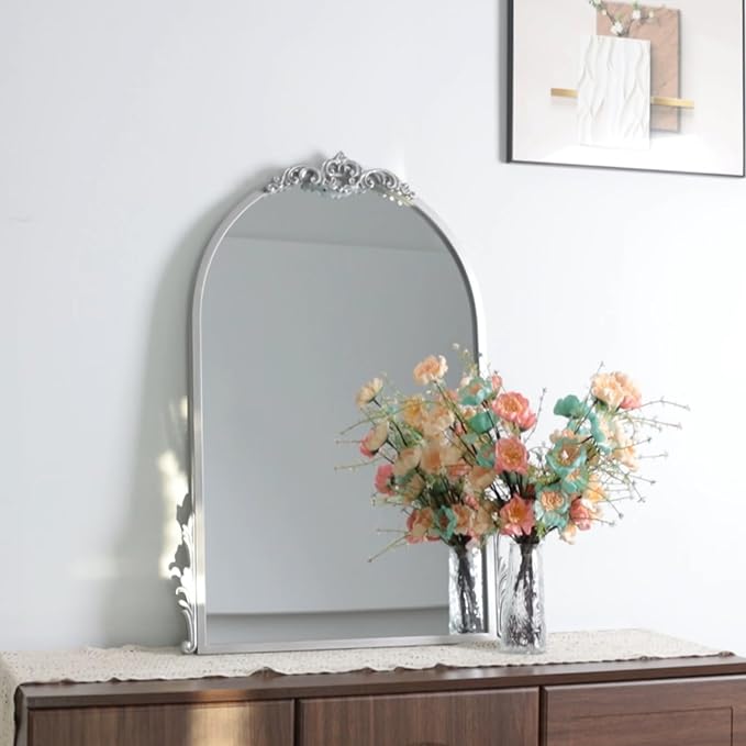 26''x20'' Antique Silver Arched Wall Mirror with Metal Flower Carving Frame, Small Vintage Retro Baroque Mirror Ornate, Vanity Mirror for Bathroom, Fireplace, Entryway, Living Room