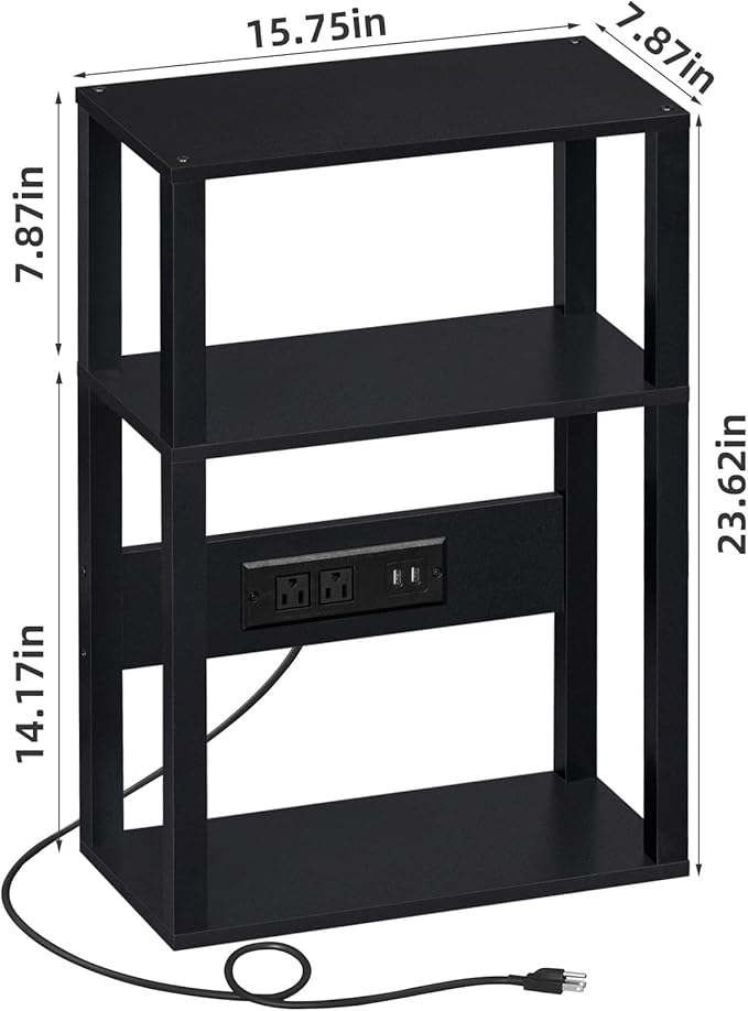 YUFAM 3-Tier Small Narrow Wood Side Table with Charging Station, Skinny Nightstand for Small Space, Slim Bedside Table with Storage for Couch, Thin End Table with USB Ports and Outlets, Black