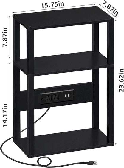 YUFAM 3-Tier Small Narrow Wood Side Table with Charging Station, Skinny Nightstand for Small Space, Slim Bedside Table with Storage for Couch, Thin End Table with USB Ports and Outlets, Black