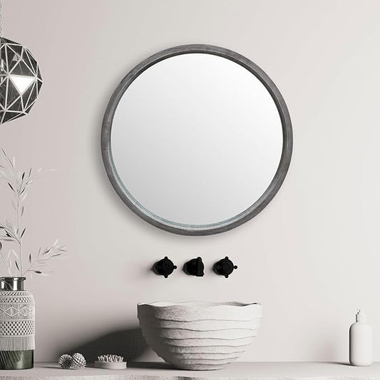 LYYYXGYP Round Wood Gray Mirror 30x30 Inch Modern Wall Mounted Mirror Wooden Frame Grey Circle Mirror for Bathroom