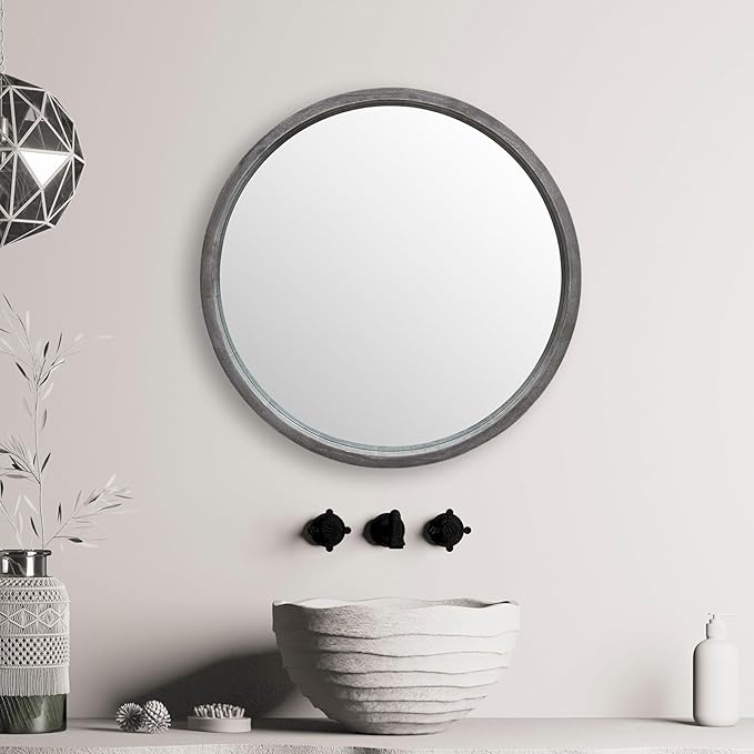 LYYYXGYP Round Wood Gray Mirror 24 X 24 Inch Modern Wall Mounted Mirror Wooden Frame Grey Circle Mirror for Bathroom
