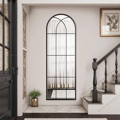 OGCAU Arched Full Length Mirror, 65"x22" Window Mirror, Floor Length Hanging or Leaning, Full Body with Iron Frame Window Pane for Bedroom Living Room (Black)