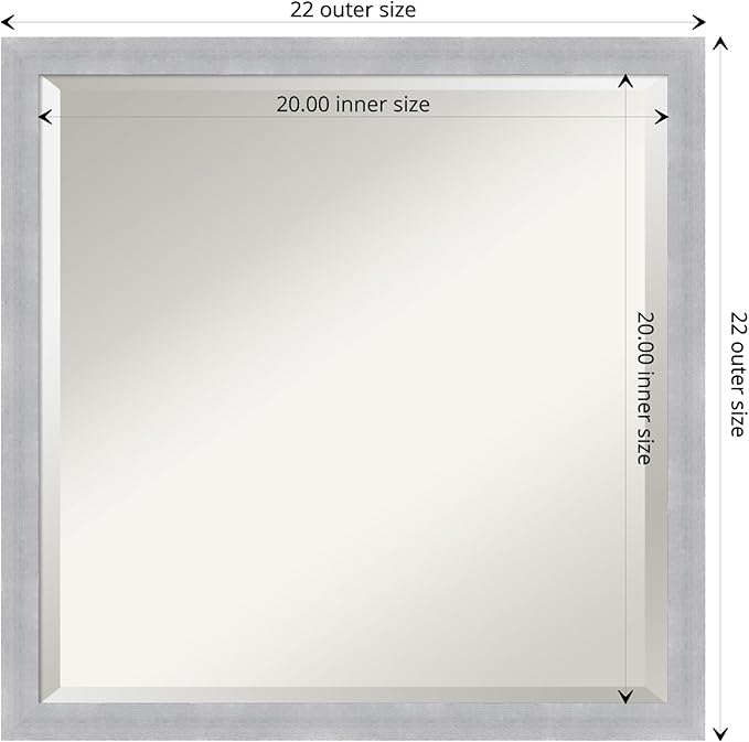 Amanti Art Silver Bathroom Mirror for Over Sink, 22x22 Grace Brushed Nickel Narrow Square Vanity Mirror, Medium Modern Frame, Hangs Horizonally and Vertically, Bathroom Wall Decor, Beveled Edge