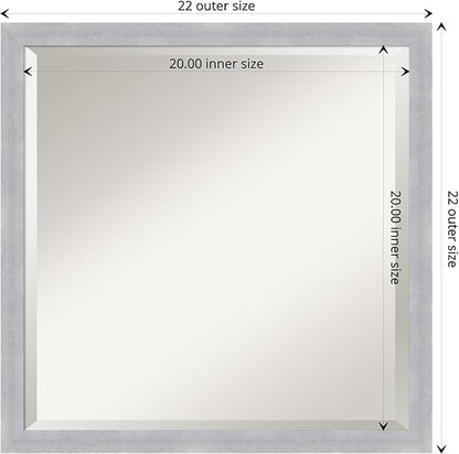Amanti Art Silver Bathroom Mirror for Over Sink, 22x22 Grace Brushed Nickel Narrow Square Vanity Mirror, Medium Modern Frame, Hangs Horizonally and Vertically, Bathroom Wall Decor, Beveled Edge