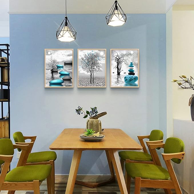 DZRWUBHS Framed Canvas Wall Art, 3pc 12x16in Natural Wood, Abstract Blue Prints, Ready to Hang, Bathroom, Bedroom, Kitchen, Living Room Decor
